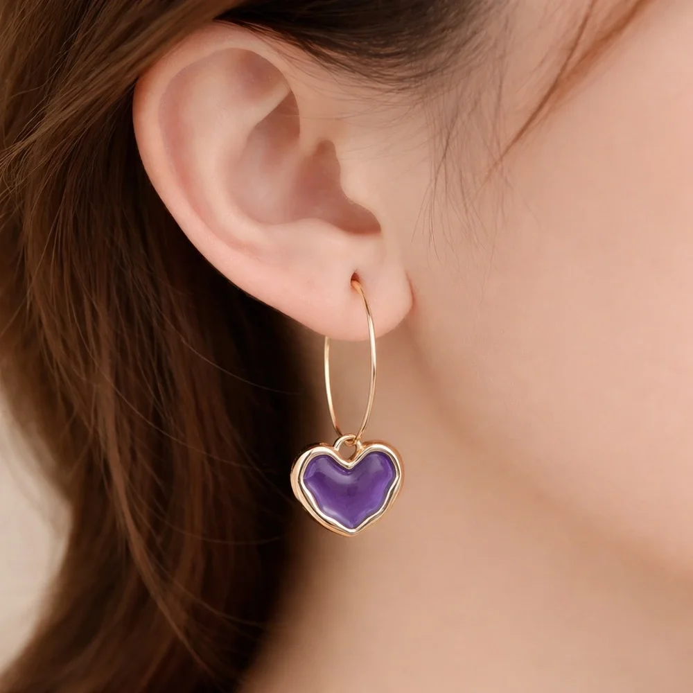Gold Tone Heart Hoop Earrings with Purple Charm Dangle